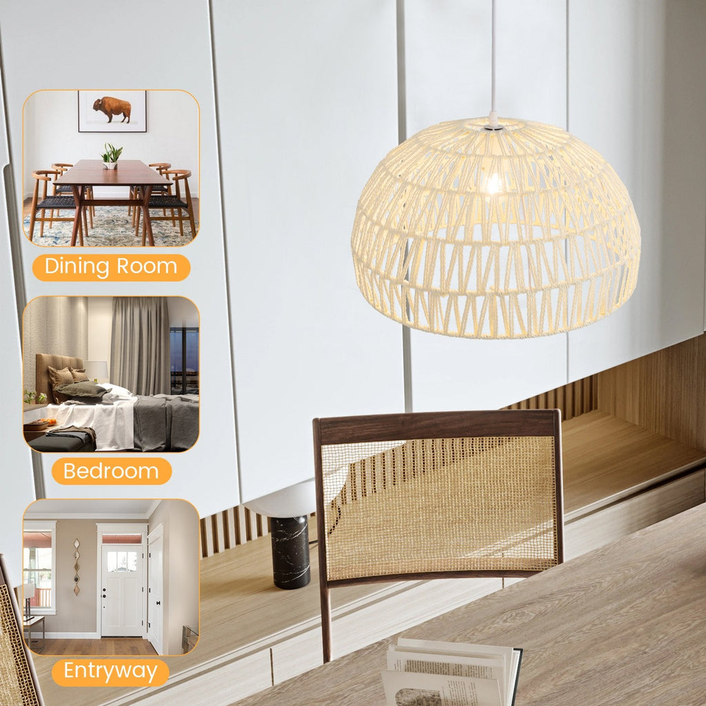 Farmhouse Rattan Pendant Lights with Adjustable Hanging Rope-Beige