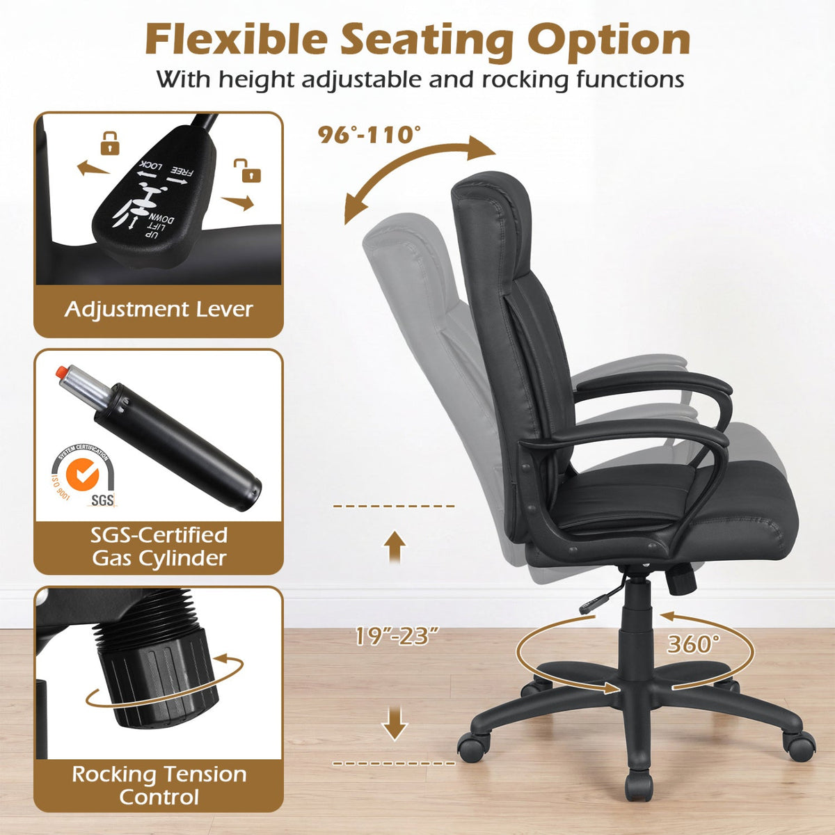 Faux Leather Office Chair Computer Desk Chair with Rocking Function-Black