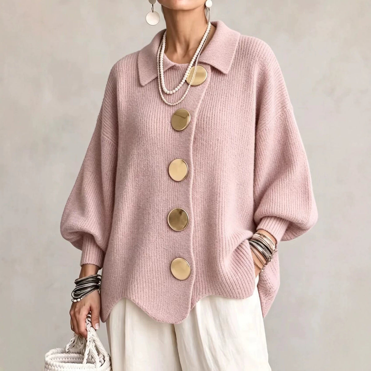 Women’s Button-Down Knit Cardigan – Lapel Collar Long-Sleeve Loose-Fit Fall & Winter Sweater