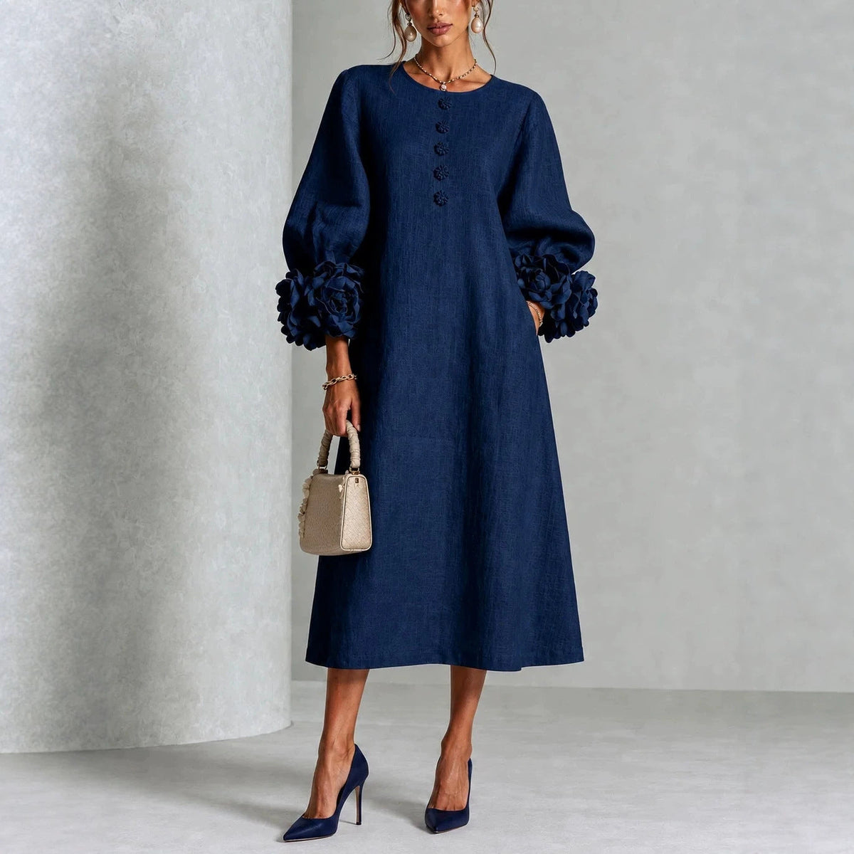 Women’s 3D Floral A-Line Dress – Puff Sleeve French-Style Party & Wedding Dress