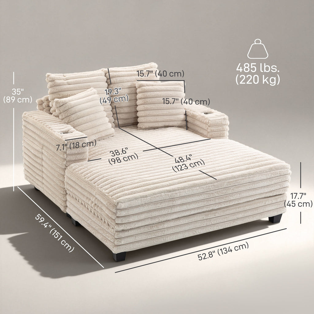 60" Chaise Lounge Chair, Oversized Upholstered Sofa Bed with Cup Holders & Pillows, Sleeper Couch for Living Room, Beige