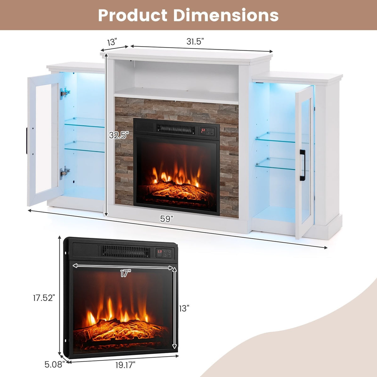 Fireplace TV Stand with 16-Color Led Lights for TVs up to 65 Inch-White
