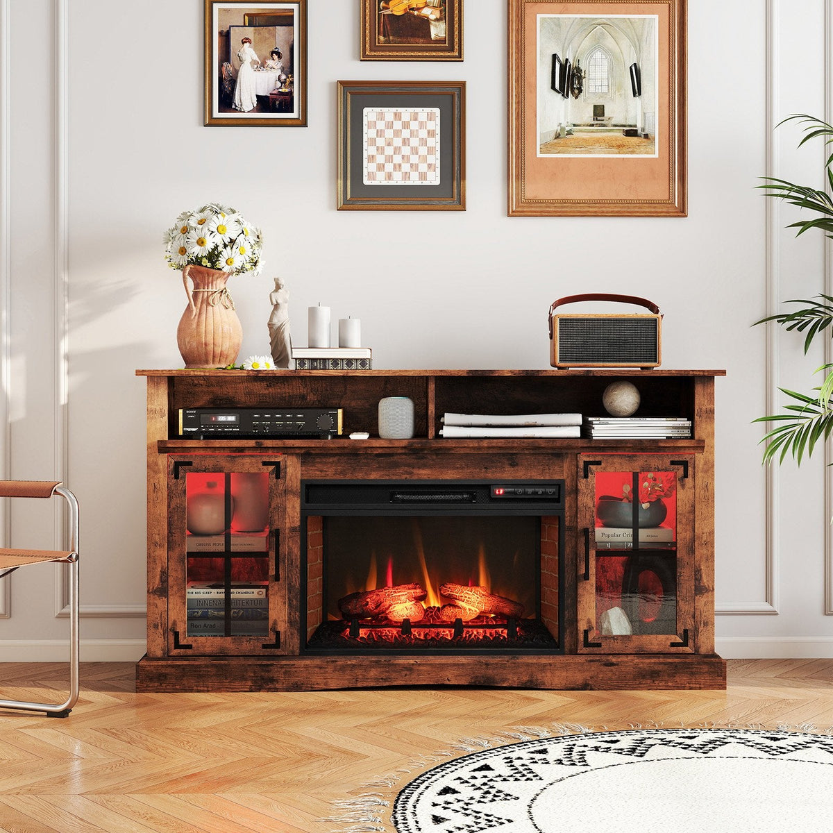Fireplace TV Stand with Remote Controls and Thermostat for TVs Up to 50 Inch-Rustic Brown