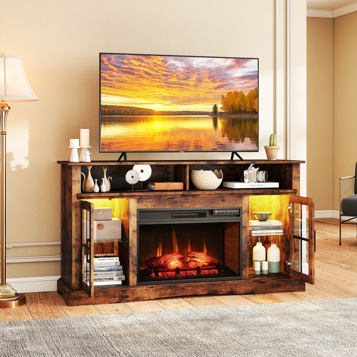 Fireplace TV Stand with Remote Controls and Thermostat for TVs Up to 50 Inch-Rustic Brown