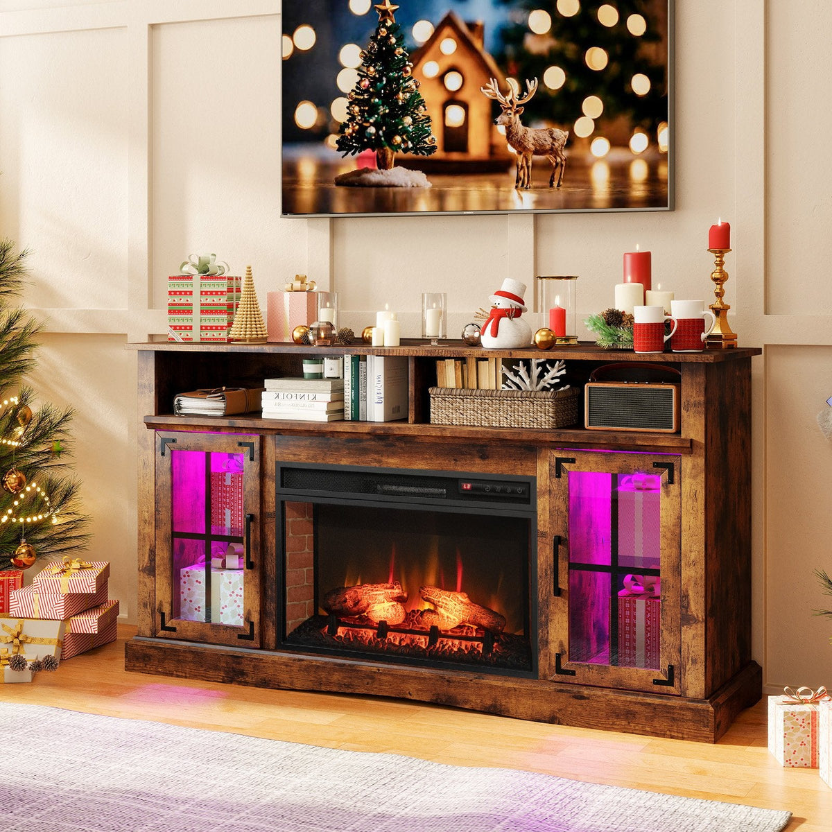 Fireplace TV Stand with Remote Controls and Thermostat for TVs Up to 50 Inch-Rustic Brown