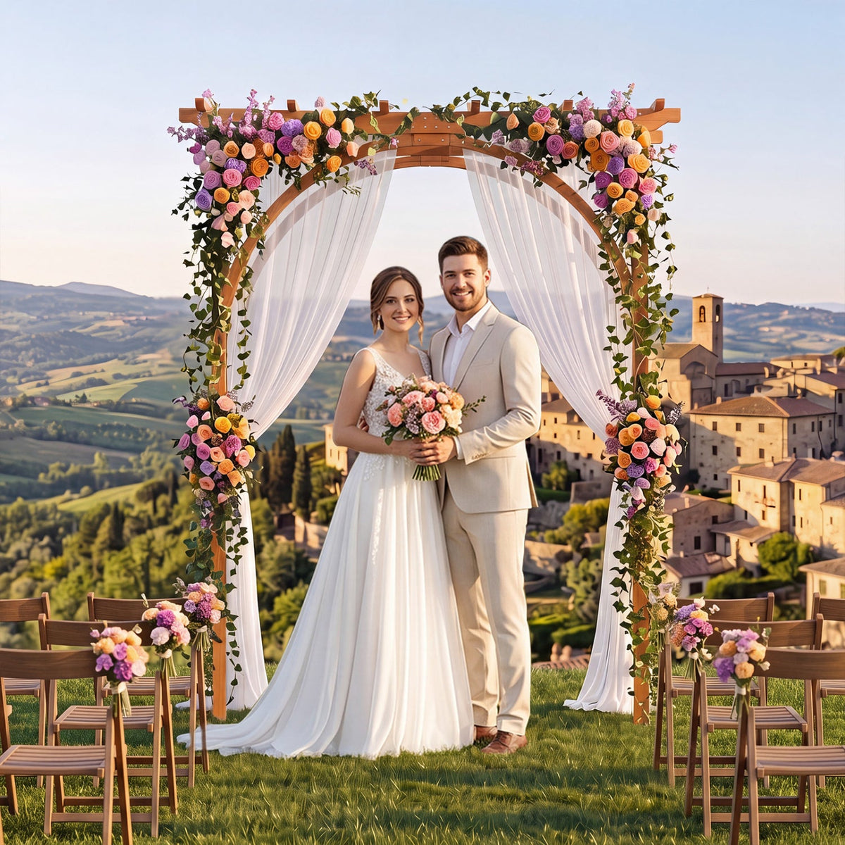 Flat Top Garden Arch Trellis 85 inches Tall Wood for Climbing Plants and Wedding-Orange