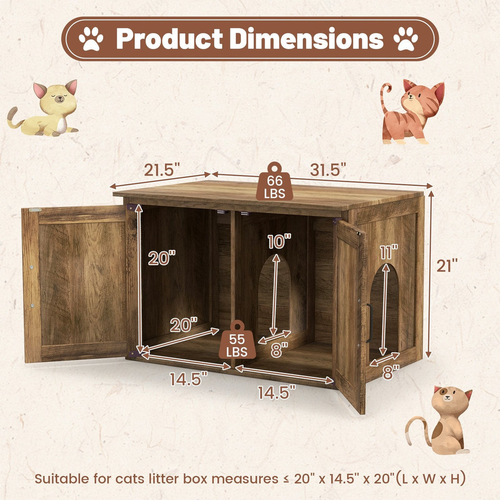 Flip Top Hidden Cat Washroom Furniture with Double Barn Doors, Removable Divider and Middle Entry