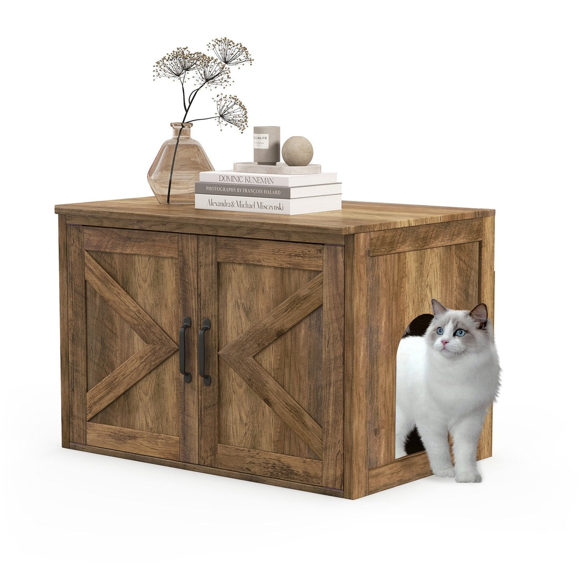 Flip Top Hidden Cat Washroom Furniture with Double Barn Doors, Removable Divider and Middle Entry