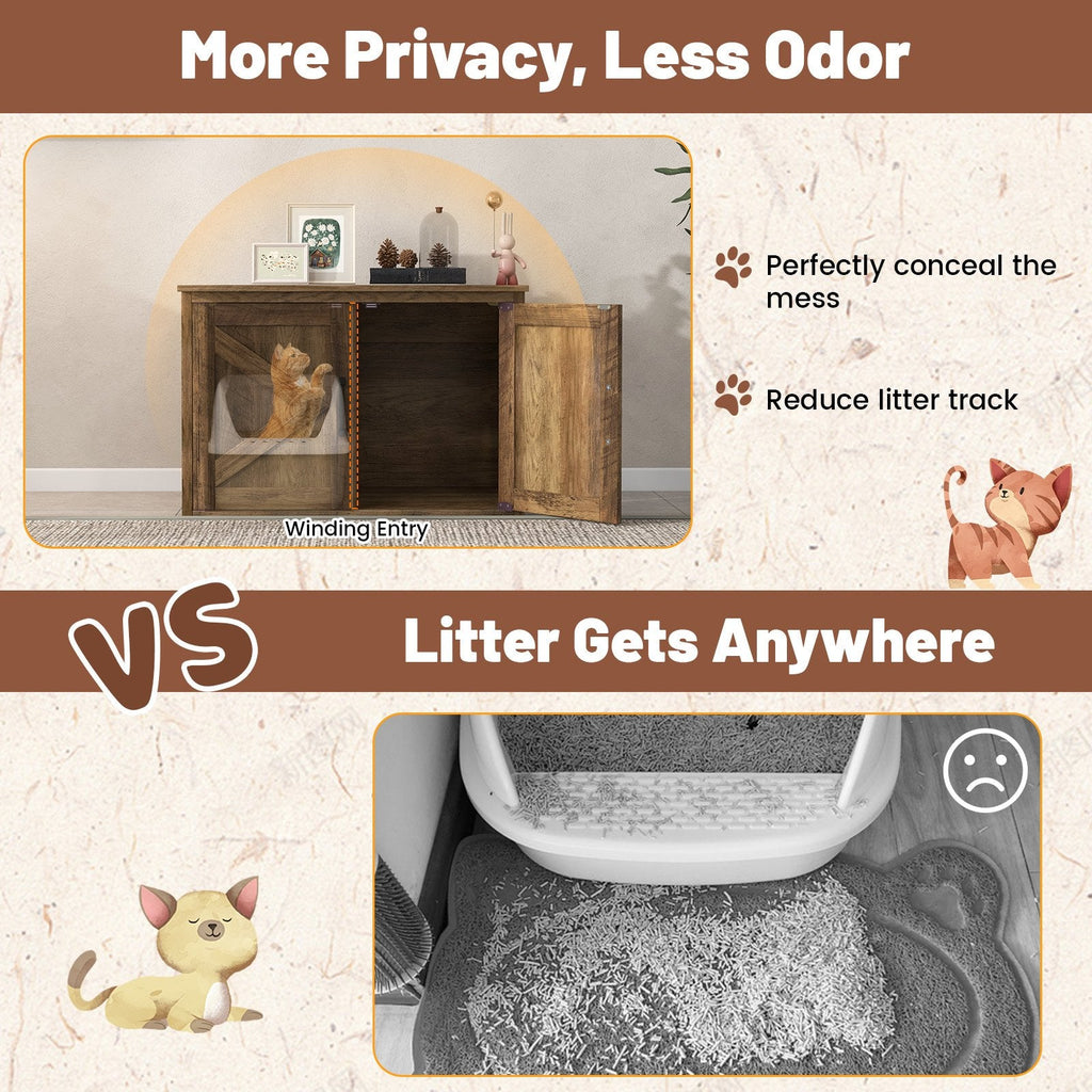 Flip Top Hidden Cat Washroom Furniture with Double Barn Doors, Removable Divider and Middle Entry
