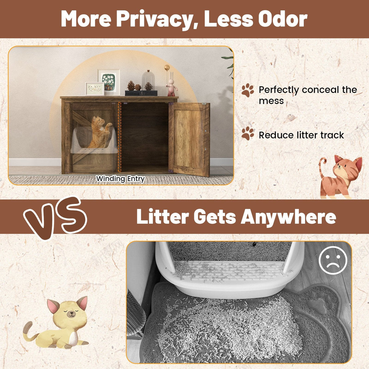 Flip Top Hidden Cat Washroom Furniture with Double Barn Doors, Removable Divider and Middle Entry