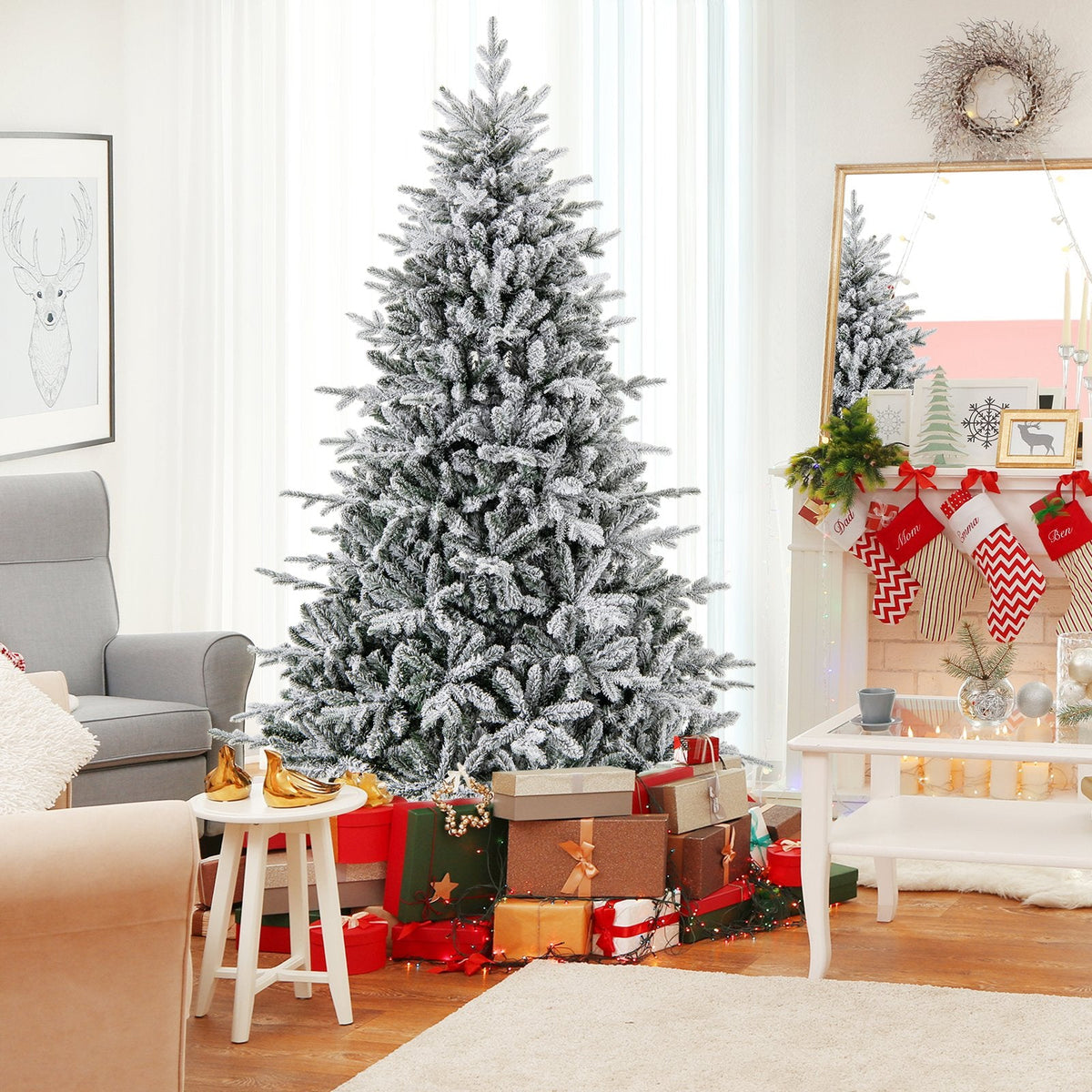 7 FT Snow Flocked Pre-Lit Christmas Tree, 1164 PE and PVC Tips, 350 Multicolour LEDs, 8 Modes