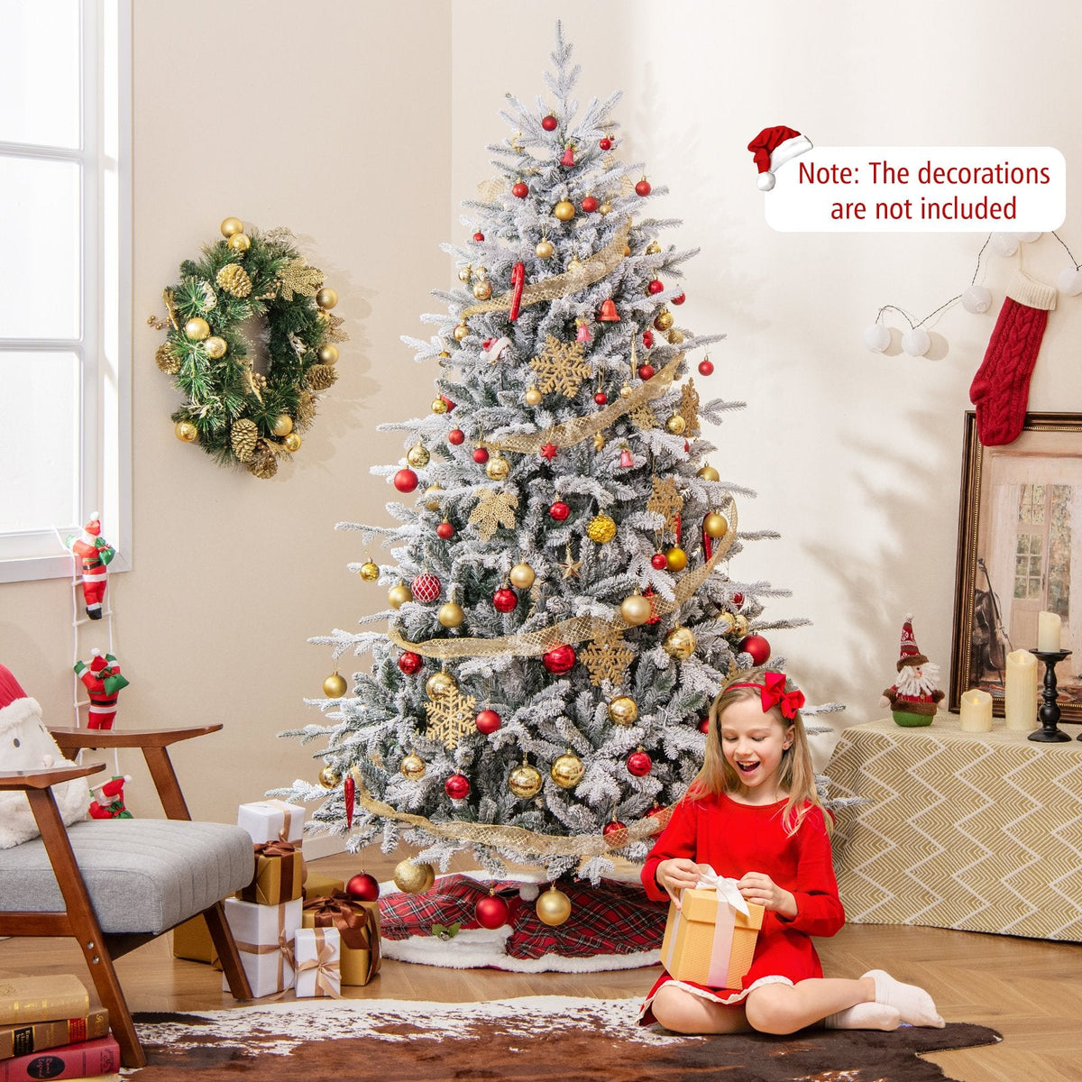 7 FT Snow Flocked Pre-Lit Christmas Tree, 1164 PE and PVC Tips, 350 Multicolour LEDs, 8 Modes