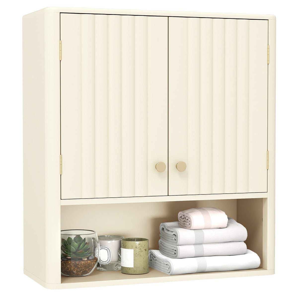 Fluted Bathroom Wall Cabinet with Open Shelf-Beige