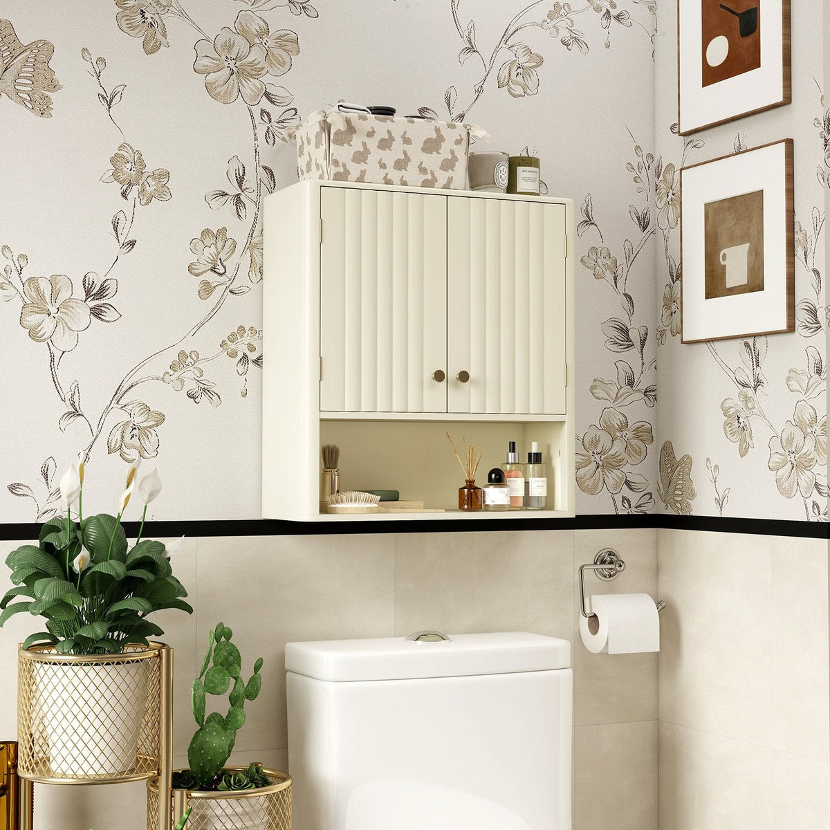 Fluted Bathroom Wall Cabinet with Open Shelf-Beige