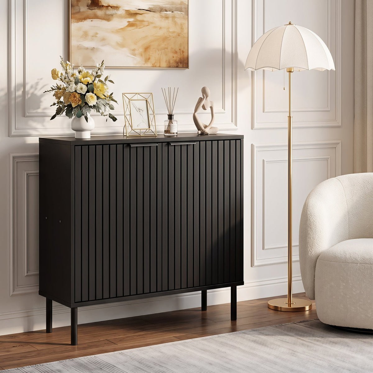 Fluted Buffet Cabinet with 2-Door Sideboard for Kitchen and Dining Room-Black