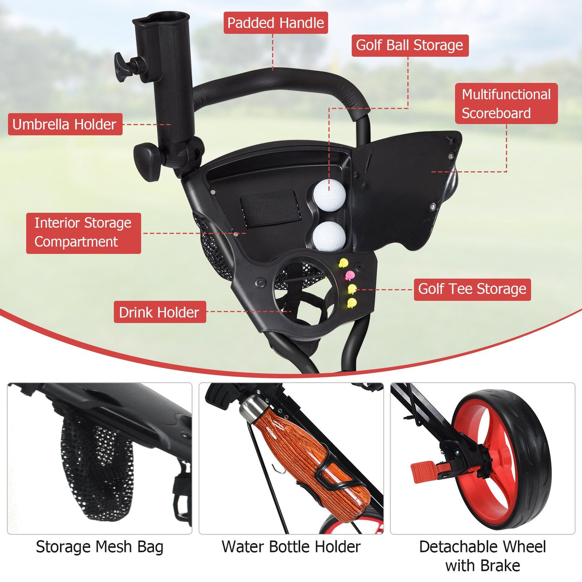 Foldable 3 Wheels Push Pull Golf Trolley with Scoreboard Bag-Red