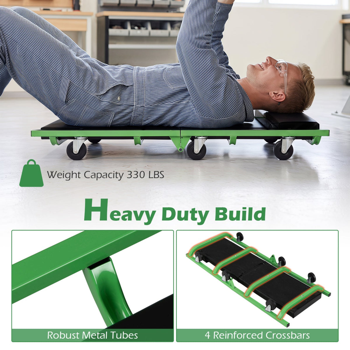 Foldable Automotive Creeper with 360° Swivel Wheels 330 lbs for Garage-Green