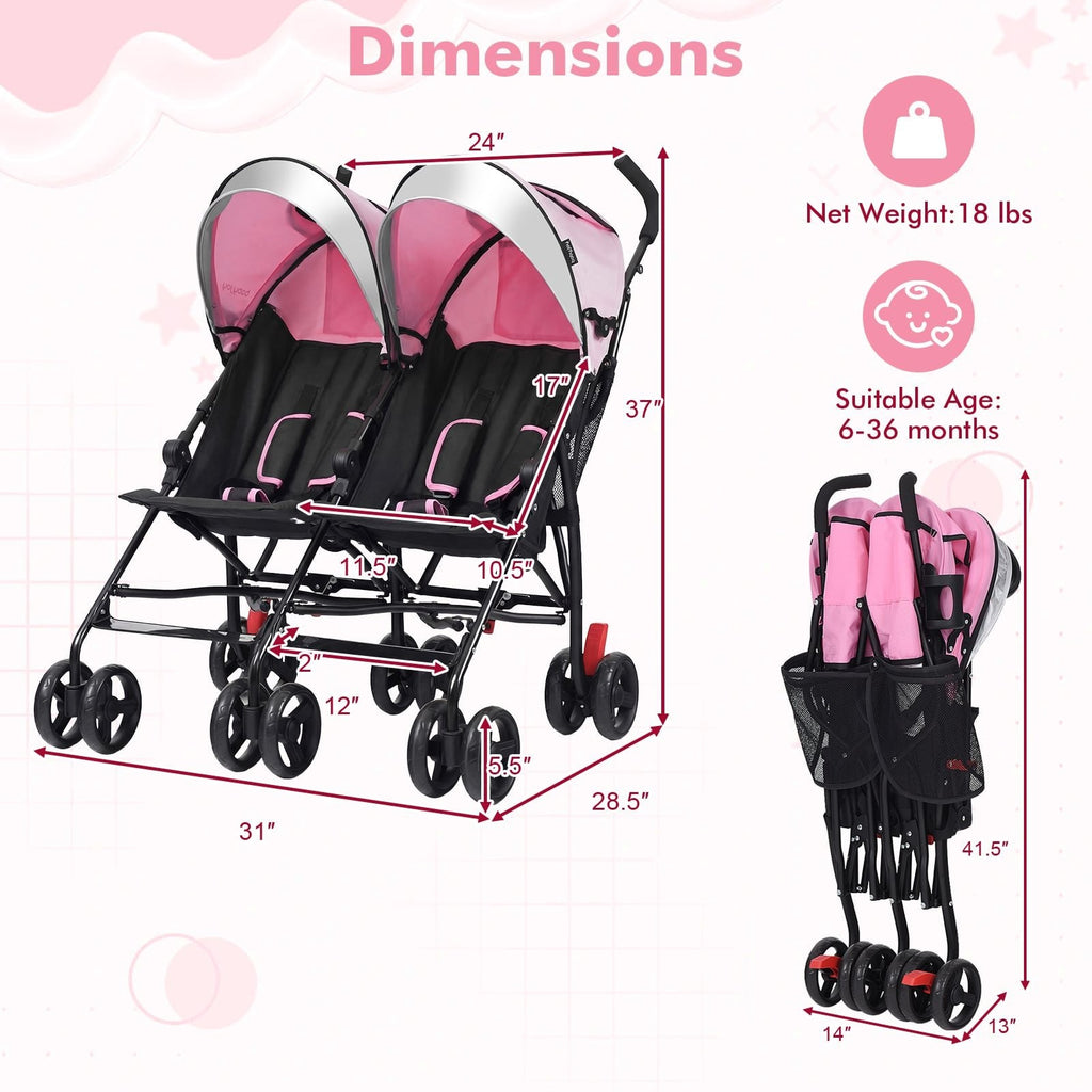 Foldable Twin Baby Double Stroller Ultralight Umbrella Kids Stroller-Pink