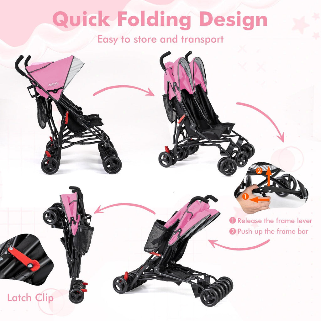 Foldable Twin Baby Double Stroller Ultralight Umbrella Kids Stroller-Pink