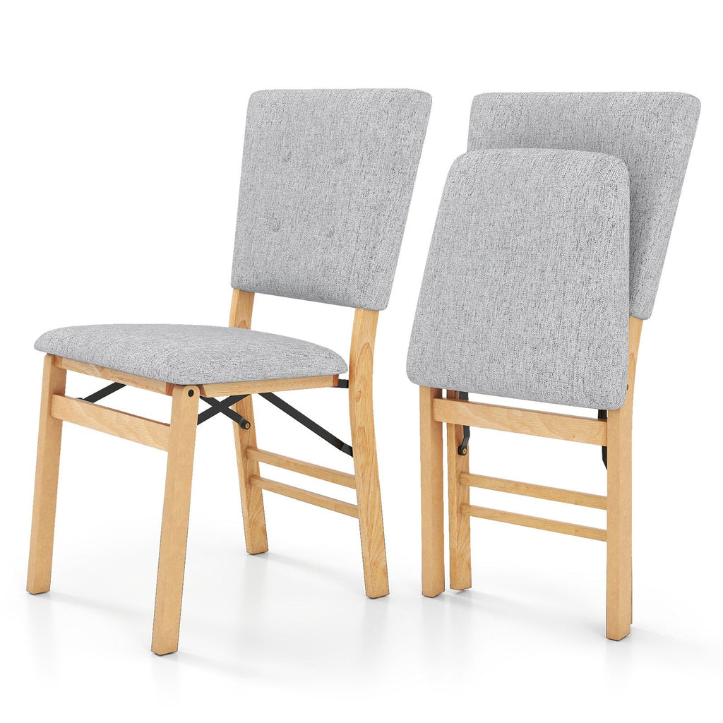 Set of 2 Folding Dining Chairs, Grey Linen Padded Seat and Back with Natural Rubber Wood Frame