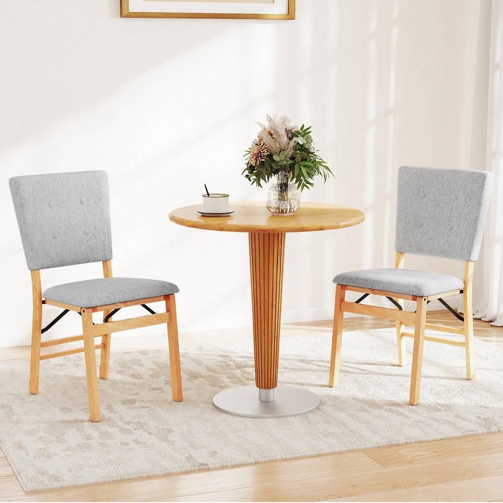 Set of 2 Folding Dining Chairs, Grey Linen Padded Seat and Back with Natural Rubber Wood Frame