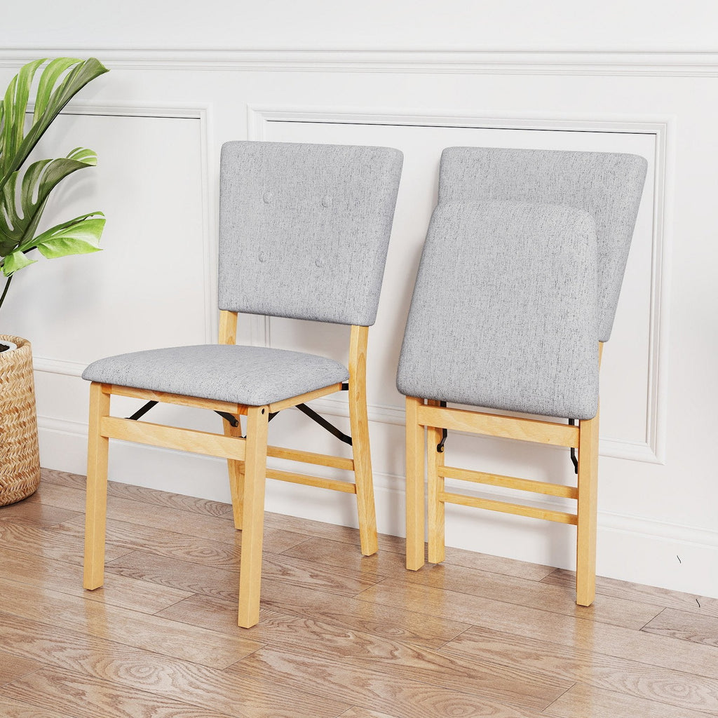 Set of 2 Folding Dining Chairs, Grey Linen Padded Seat and Back with Natural Rubber Wood Frame