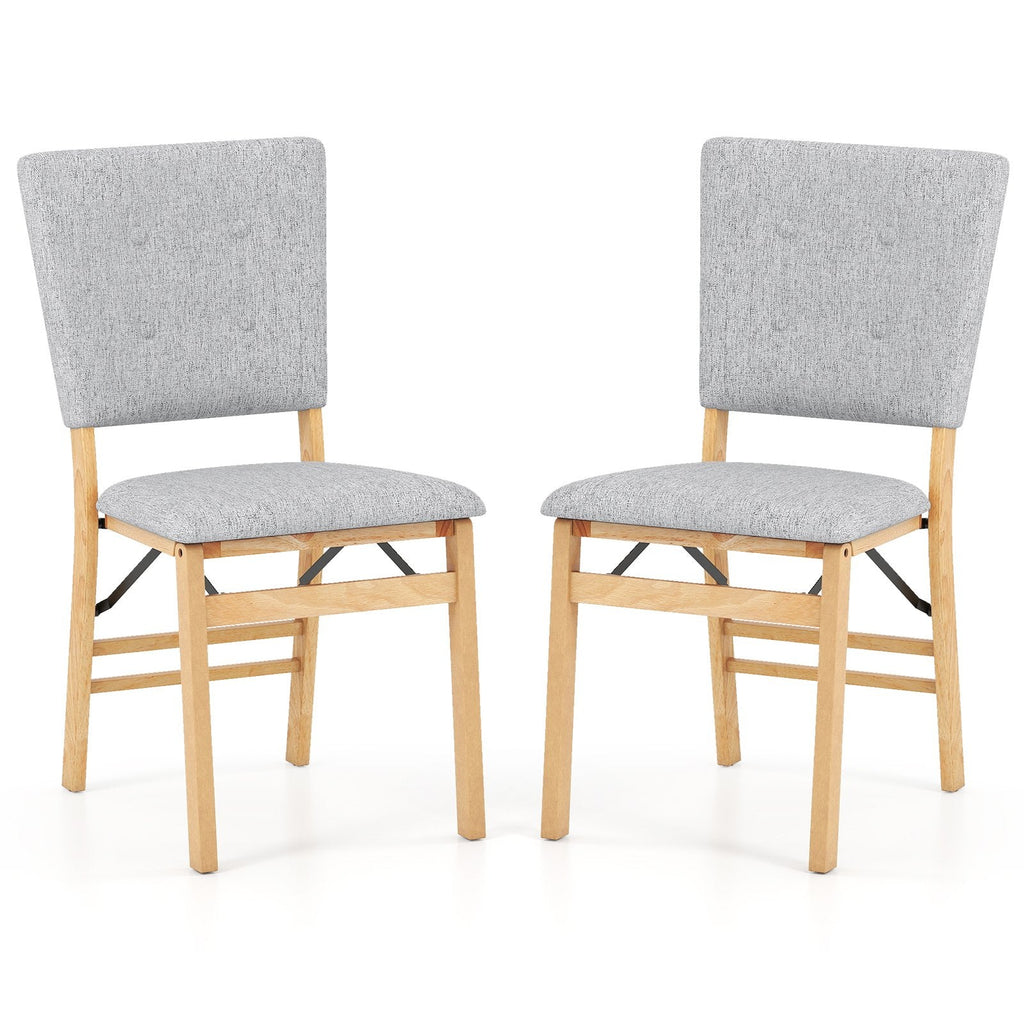 Set of 2 Folding Dining Chairs, Grey Linen Padded Seat and Back with Natural Rubber Wood Frame