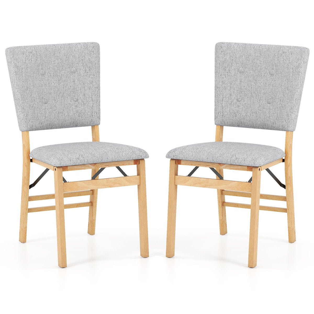 Set of 2 Folding Dining Chairs, Grey Linen Padded Seat and Back with Natural Rubber Wood Frame