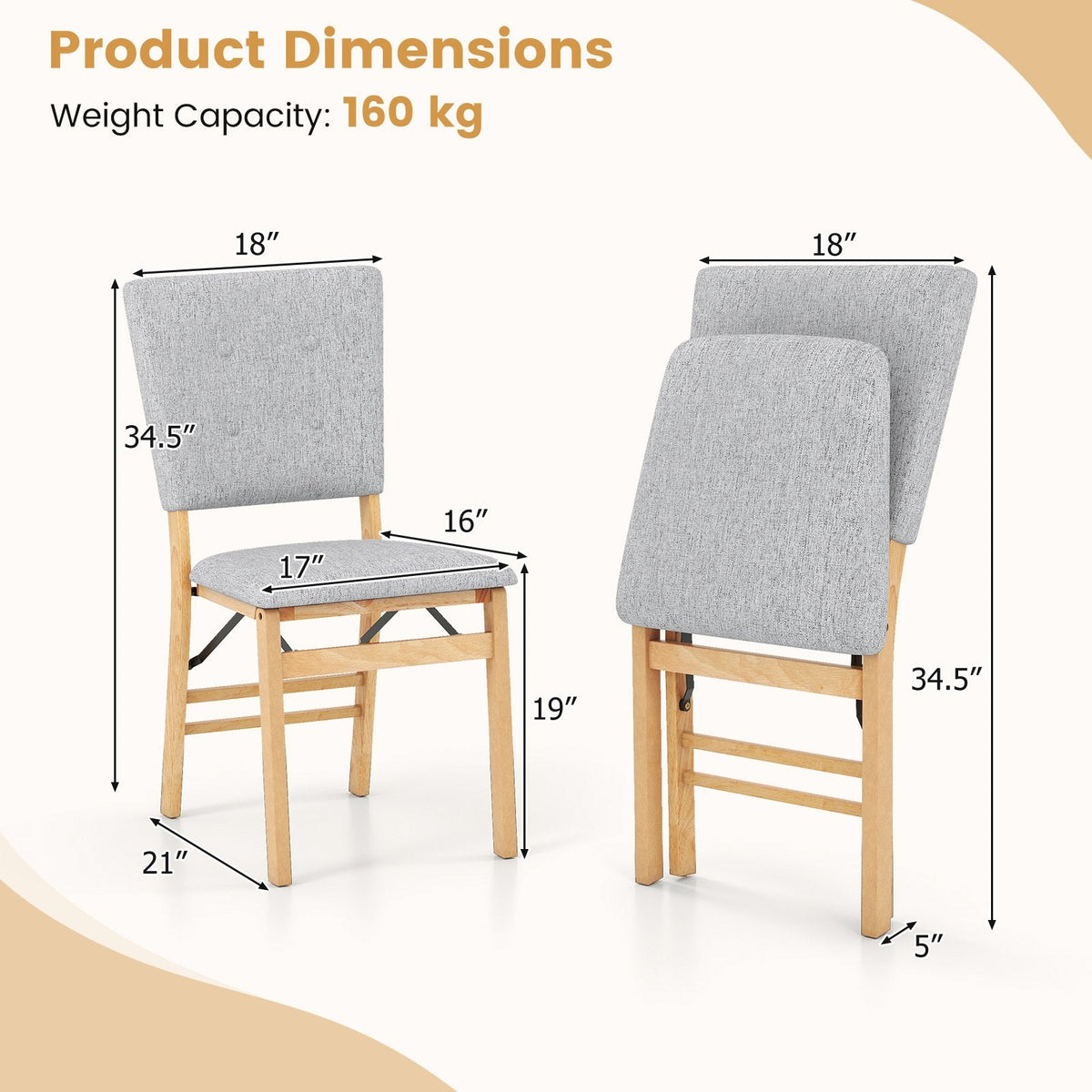 Set of 2 Folding Dining Chairs, Grey Linen Padded Seat and Back with Natural Rubber Wood Frame