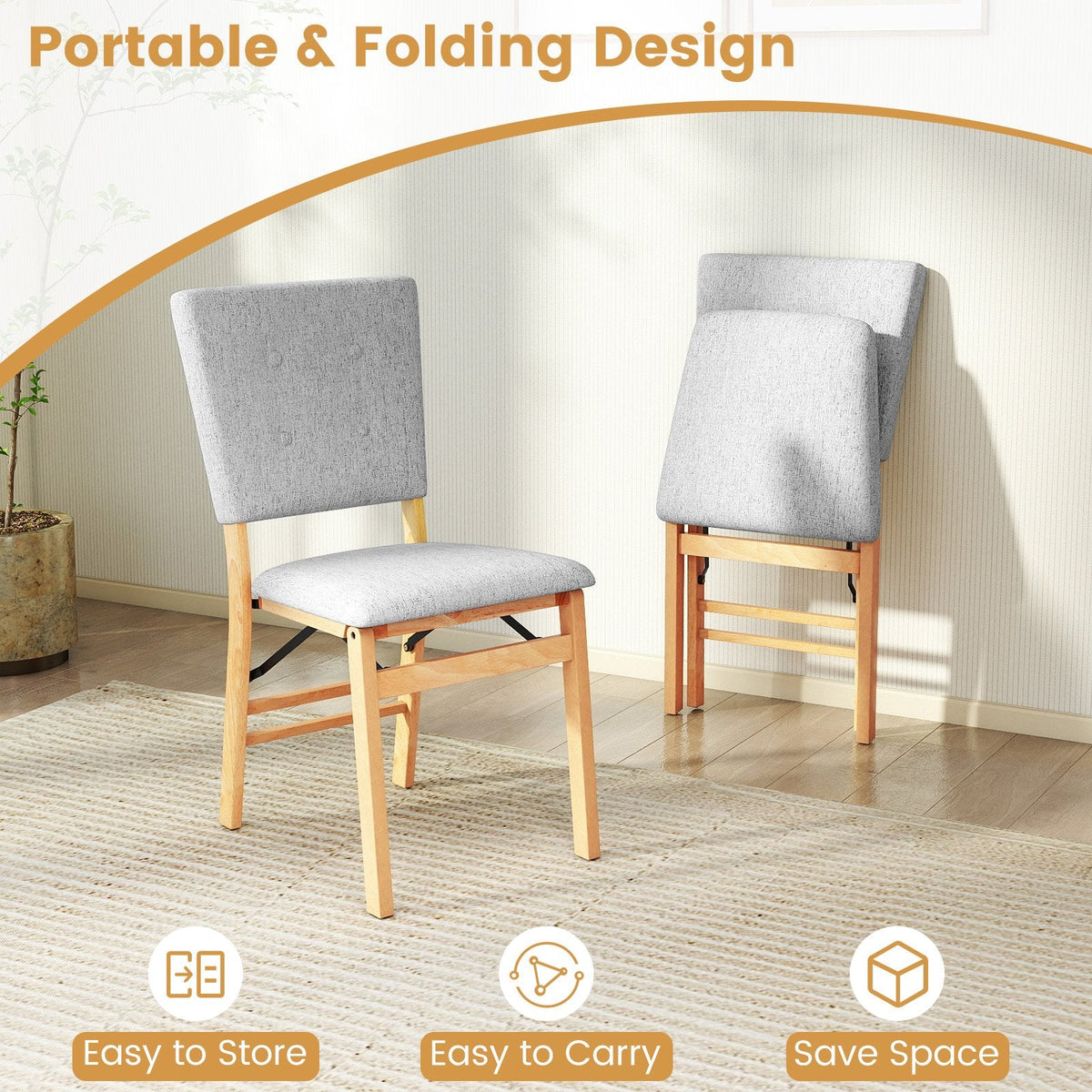 Set of 2 Folding Dining Chairs, Grey Linen Padded Seat and Back with Natural Rubber Wood Frame