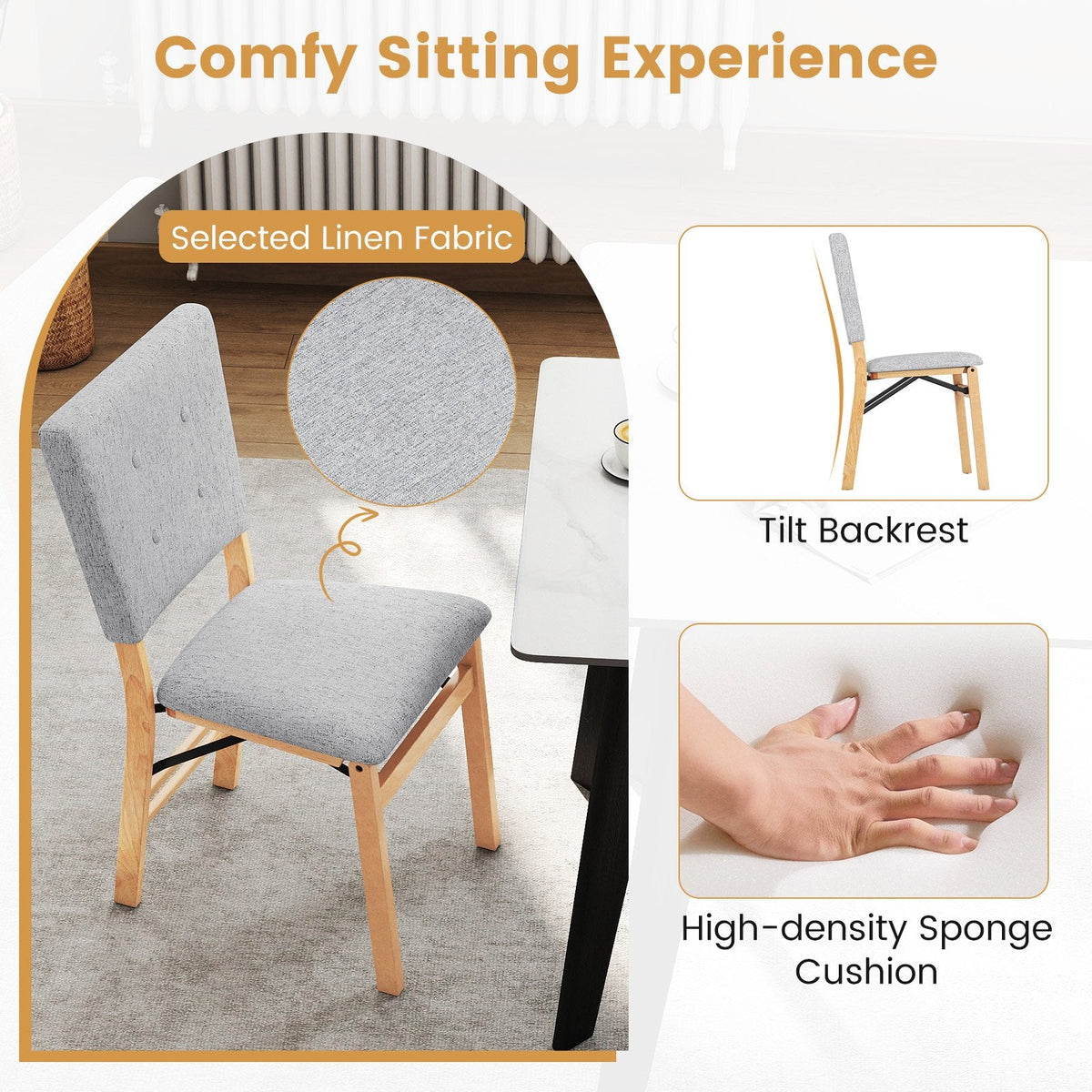 Set of 2 Folding Dining Chairs, Grey Linen Padded Seat and Back with Natural Rubber Wood Frame