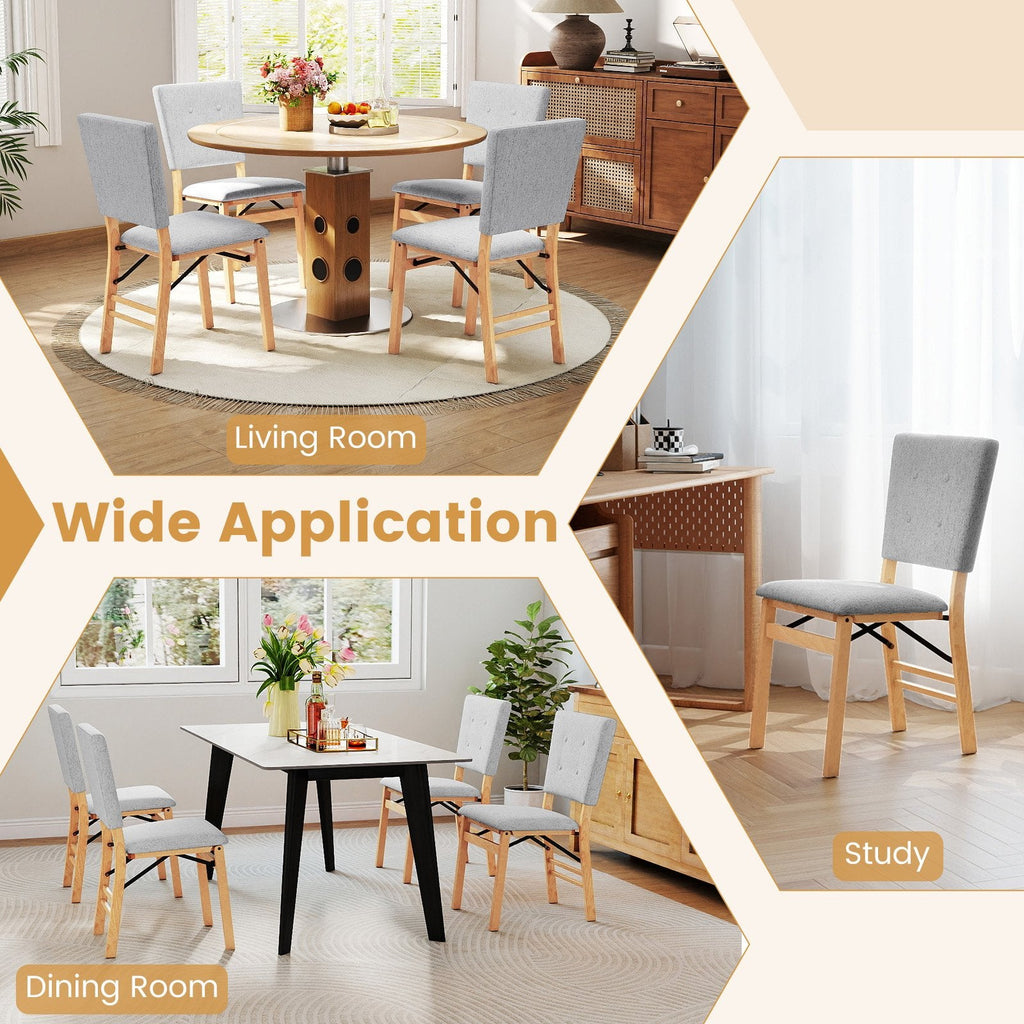 Set of 2 Folding Dining Chairs, Grey Linen Padded Seat and Back with Natural Rubber Wood Frame