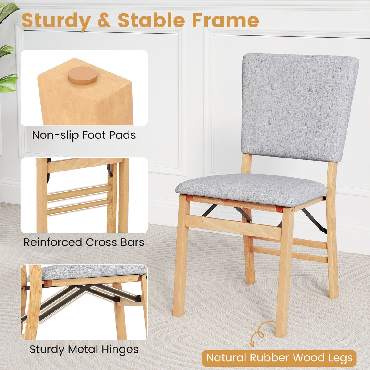 Set of 2 Folding Dining Chairs, Grey Linen Padded Seat and Back with Natural Rubber Wood Frame