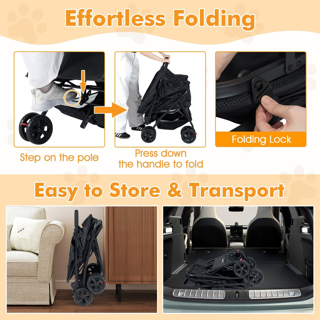 Foldable Double Pet Stroller with Adjustable Sunshade and Storage Basket-Black