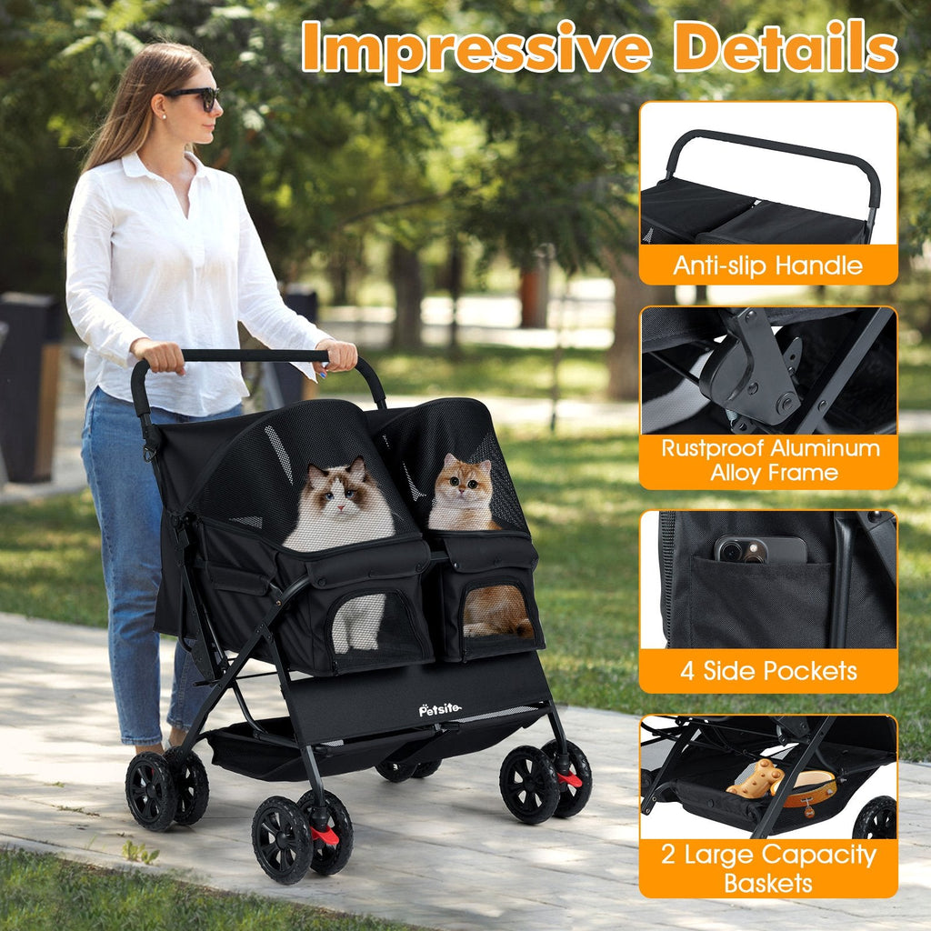 Foldable Double Pet Stroller with Adjustable Sunshade and Storage Basket-Black
