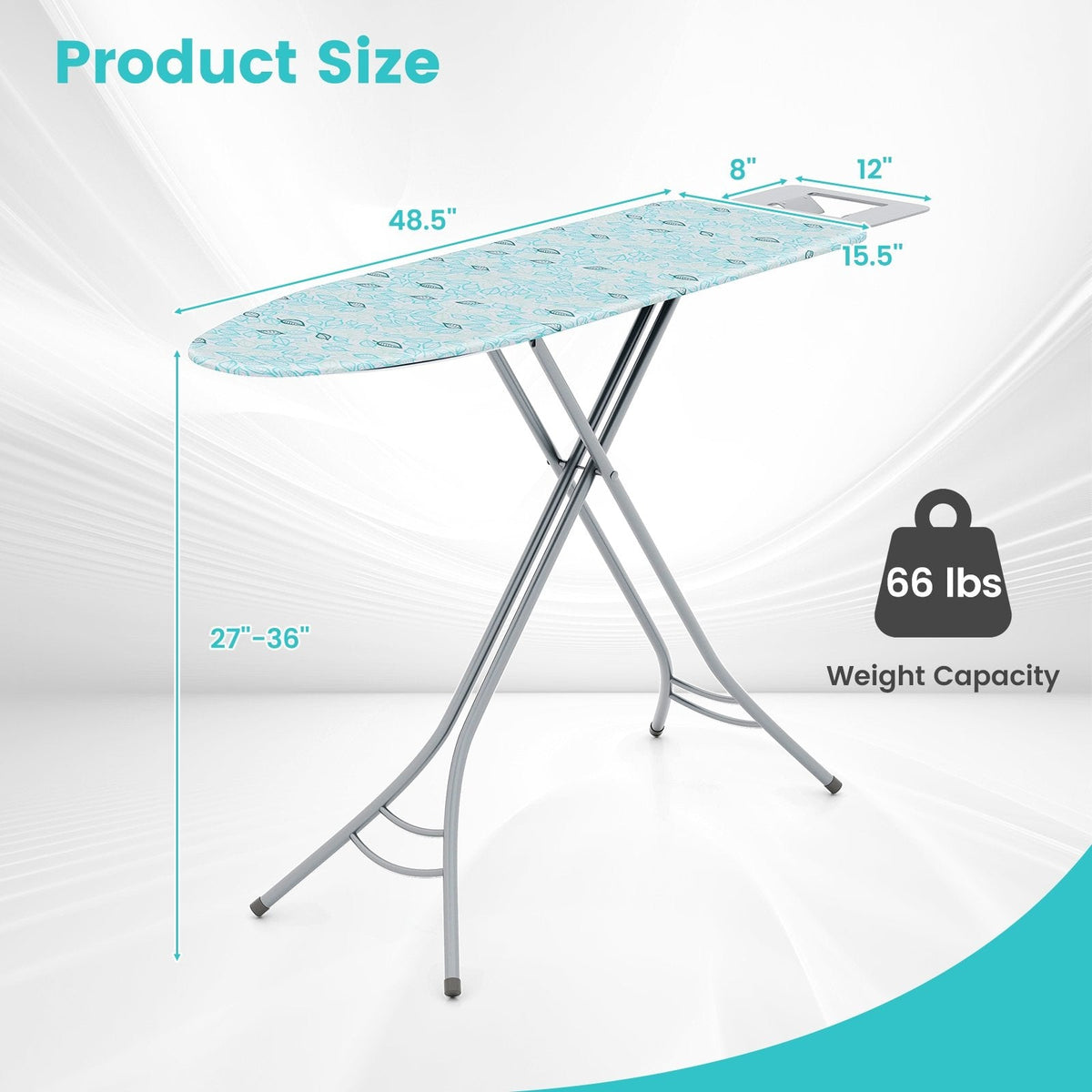 Foldable Ironing Board with Iron Rest and Adjustable Height-Turquoise