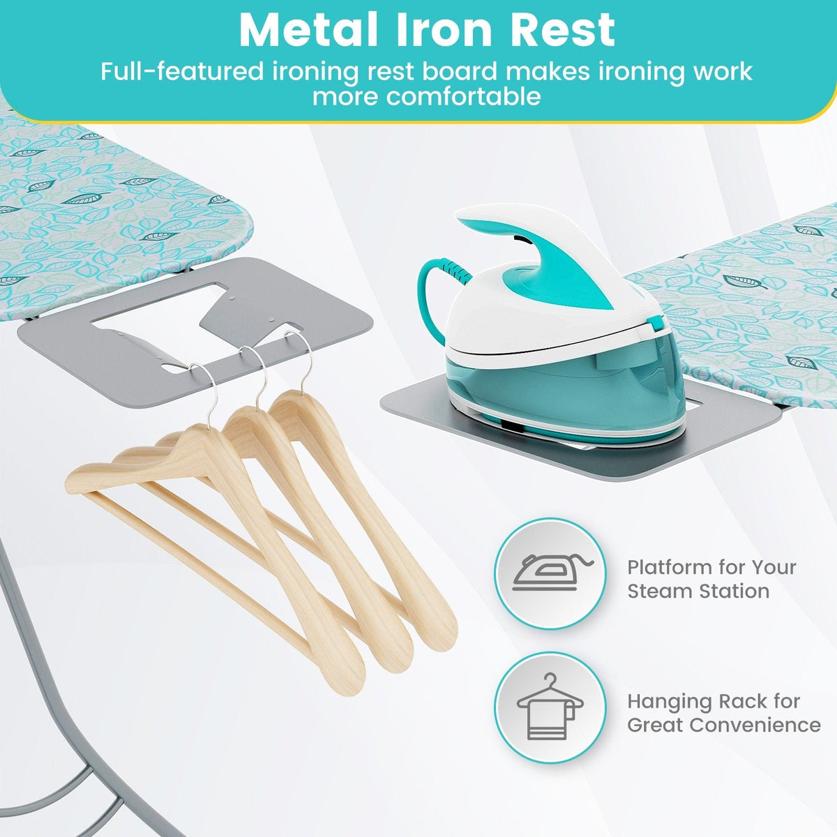 Foldable Ironing Board with Iron Rest and Adjustable Height-Turquoise