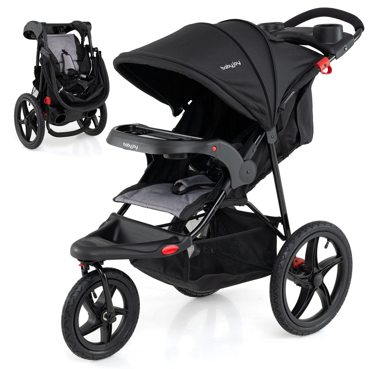 Foldable Jogging Stroller with Detachable Tray and Air-Filled Rubber Tires-Black