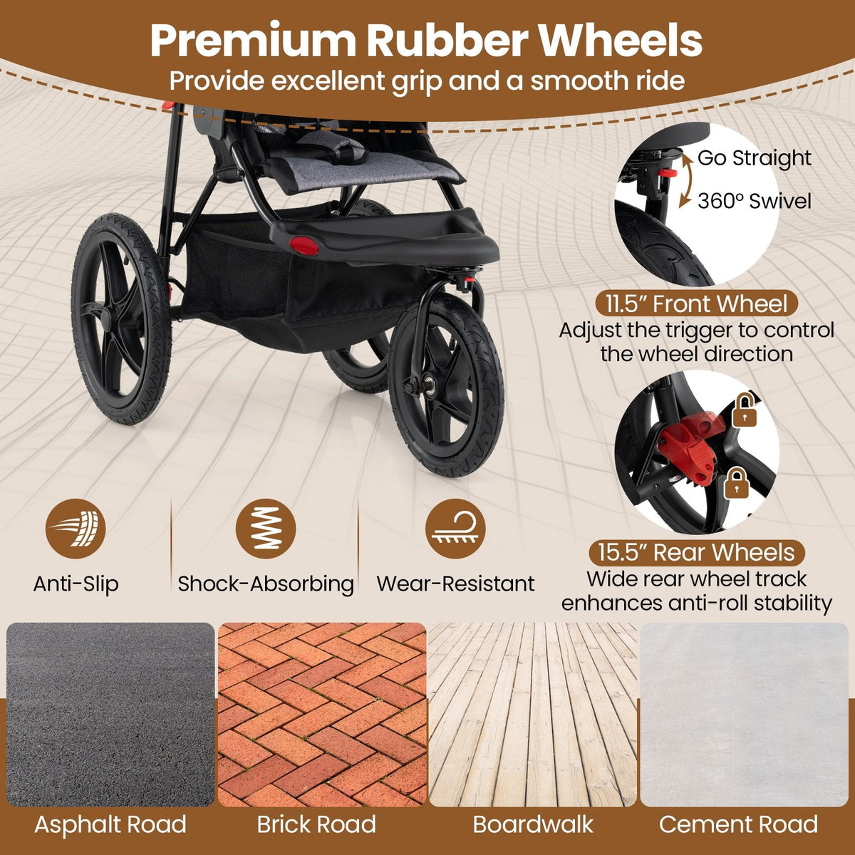 Foldable Jogging Stroller with Detachable Tray and Air-Filled Rubber Tires-Black
