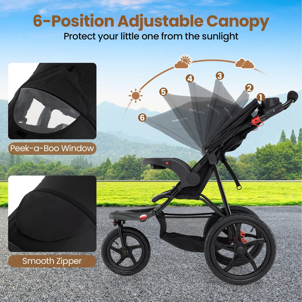 Foldable Jogging Stroller with Detachable Tray and Air-Filled Rubber Tires-Black