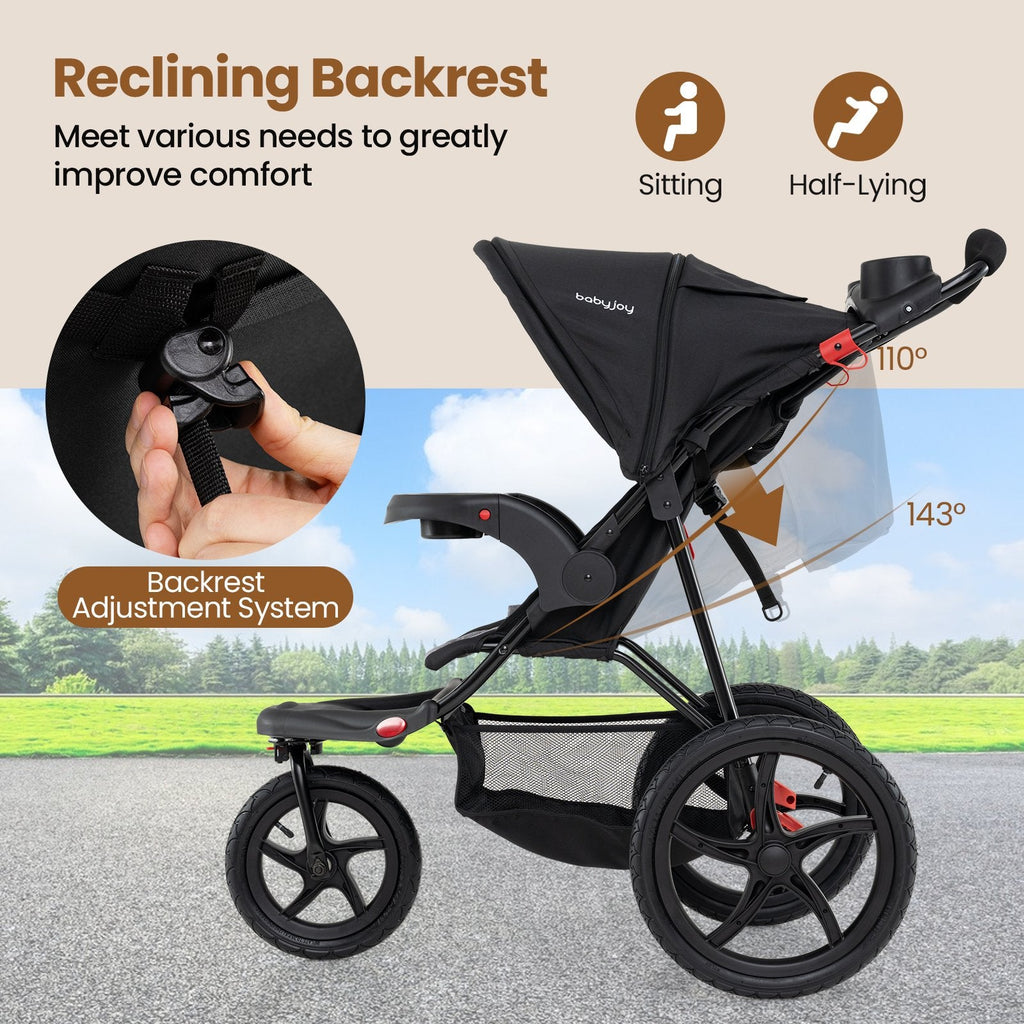 Foldable Jogging Stroller with Detachable Tray and Air-Filled Rubber Tires-Black