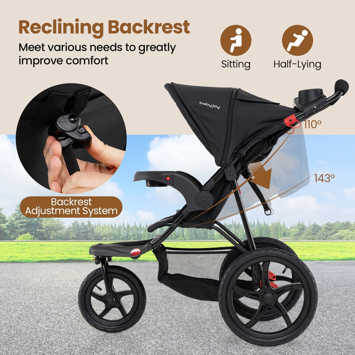 Foldable Jogging Stroller with Detachable Tray and Air-Filled Rubber Tires-Black