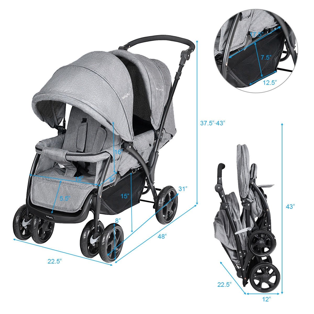 Foldable Lightweight Front Back Seats Double Baby Stroller-Gray