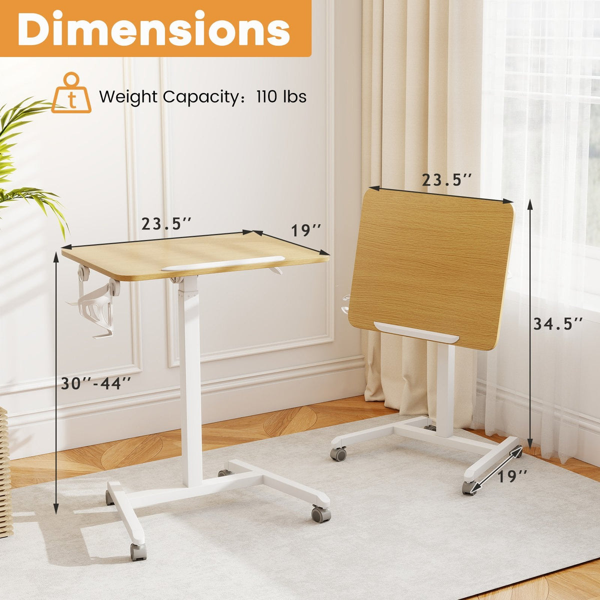 Foldable Mobile Standing Desk Rolling Laptop Desk with 90° Tiltable Tabletop-Natural