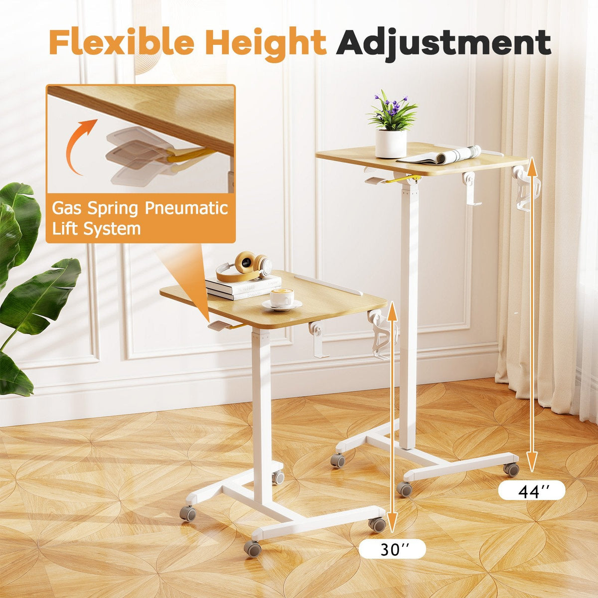 Foldable Mobile Standing Desk Rolling Laptop Desk with 90° Tiltable Tabletop-Natural