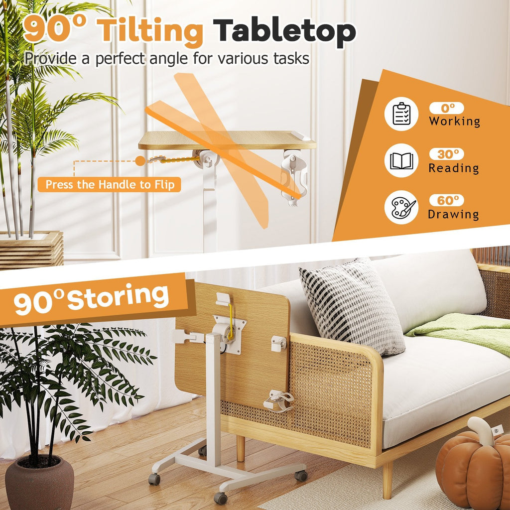 Foldable Mobile Standing Desk Rolling Laptop Desk with 90° Tiltable Tabletop-Natural