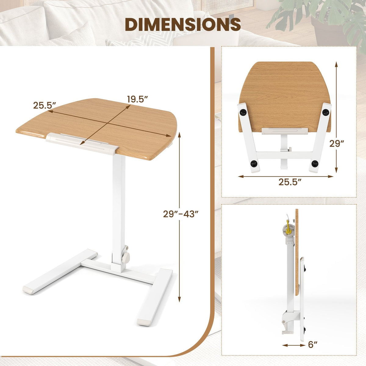 Foldable Mobile Standing Desk Rolling Laptop Desk with Wheels-Natural