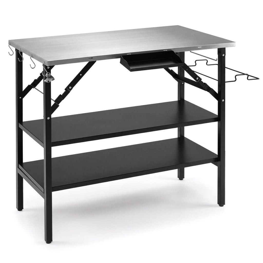 Foldable Outdoor Cook Station with Removable Shelves & Trash Bag Holder for Camping-Black