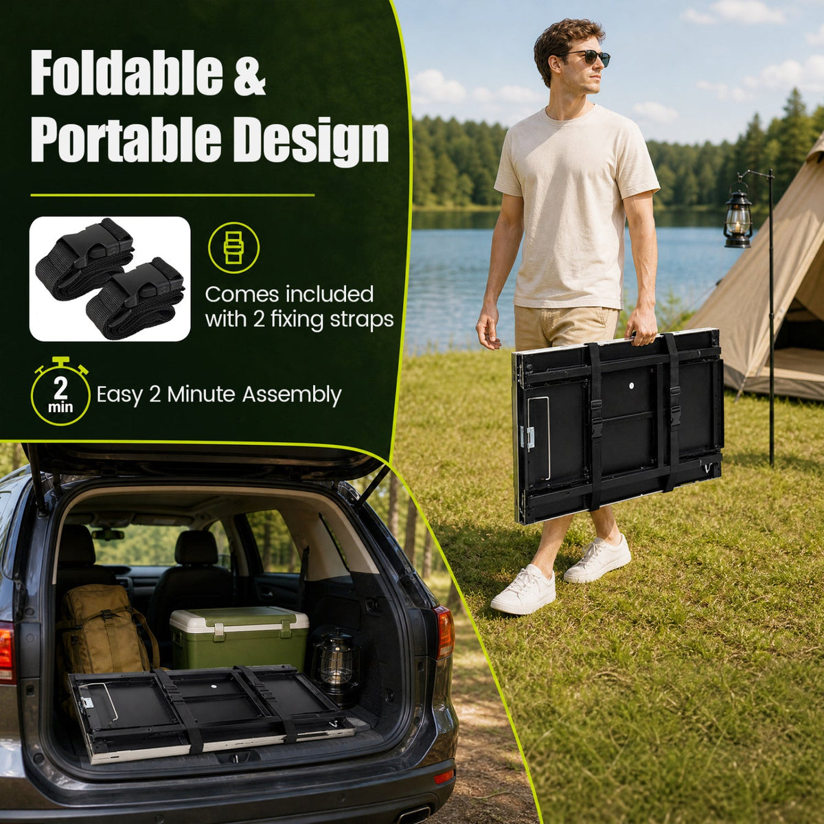Foldable Outdoor Cook Station with Removable Shelves & Trash Bag Holder for Camping-Black