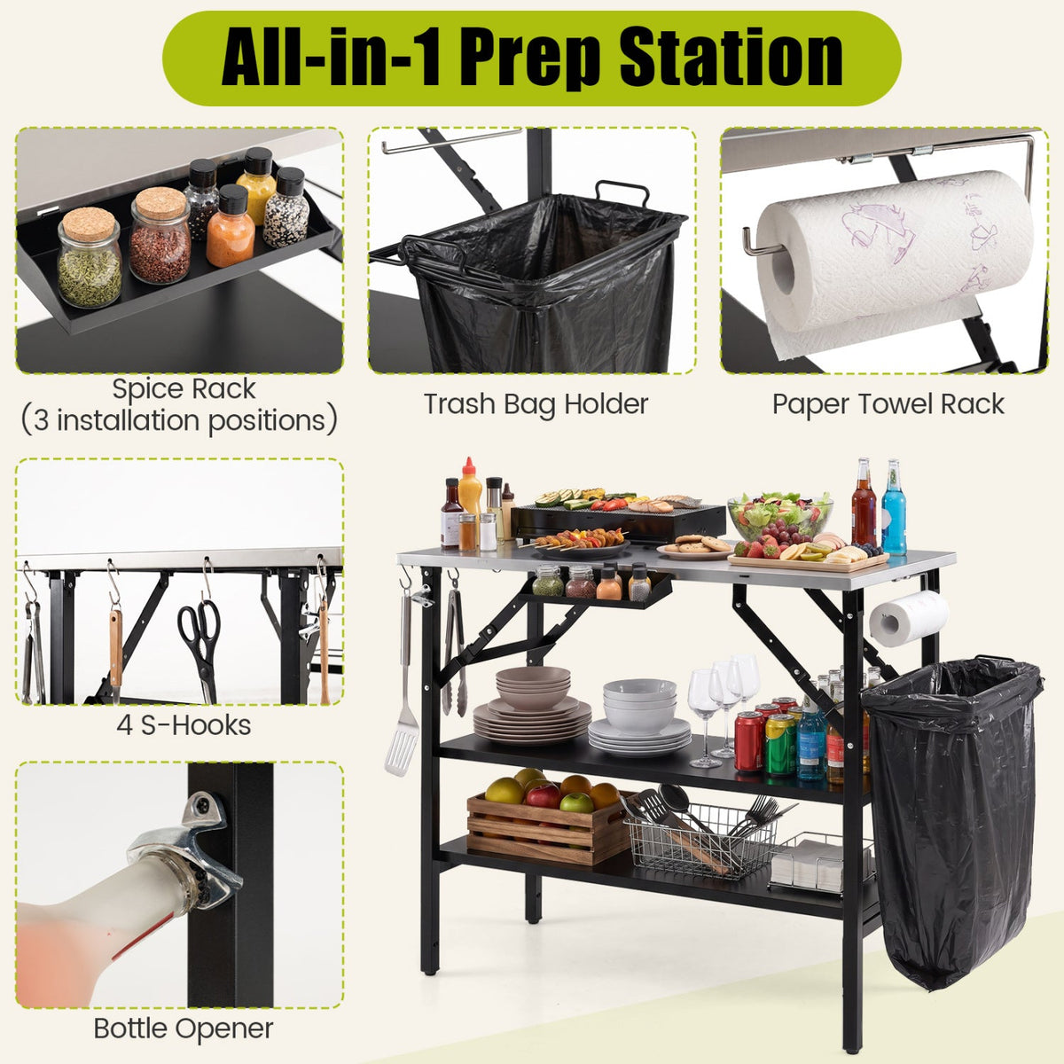 Foldable Outdoor Cook Station with Removable Shelves & Trash Bag Holder for Camping-Black